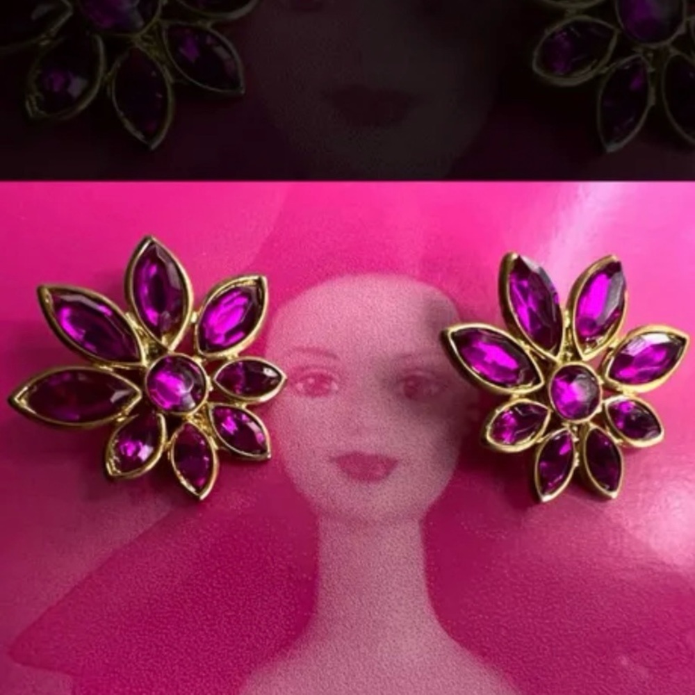Vintage disco era hot pink stars-like zirconia clipped earrings - Picture 13 of 14